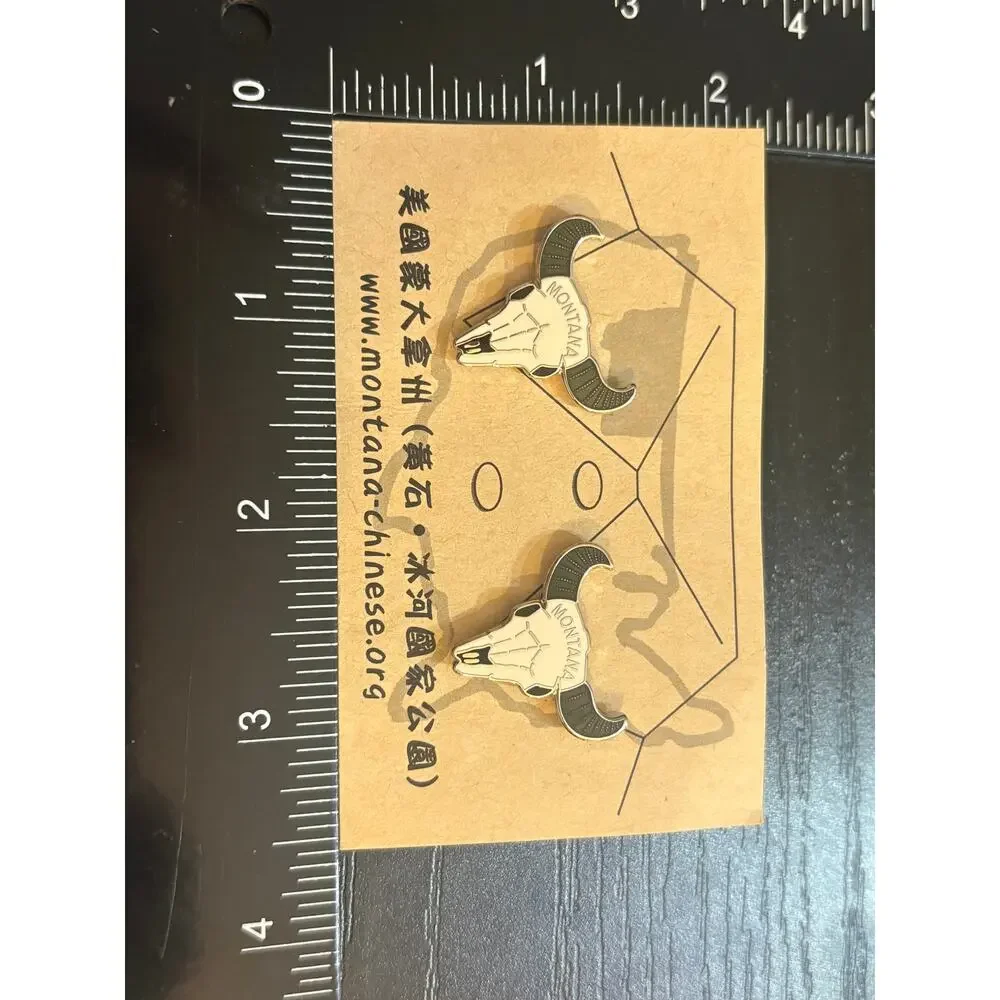 Montana-Chinese Longhorn Bull Skull Enamel Pins Set of 2